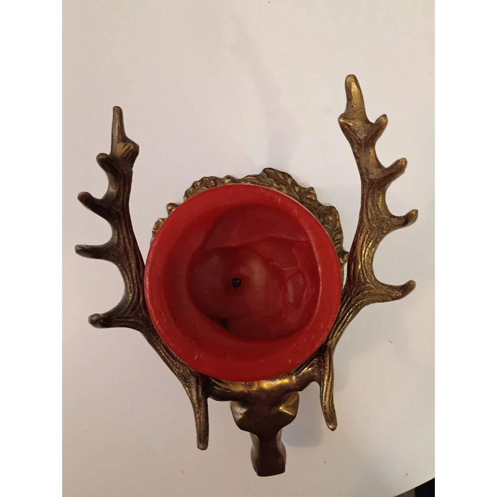 Vintage Brass Deer Head Pillar Candle Holder Stag Antler Rustic Cabin Decor Gold